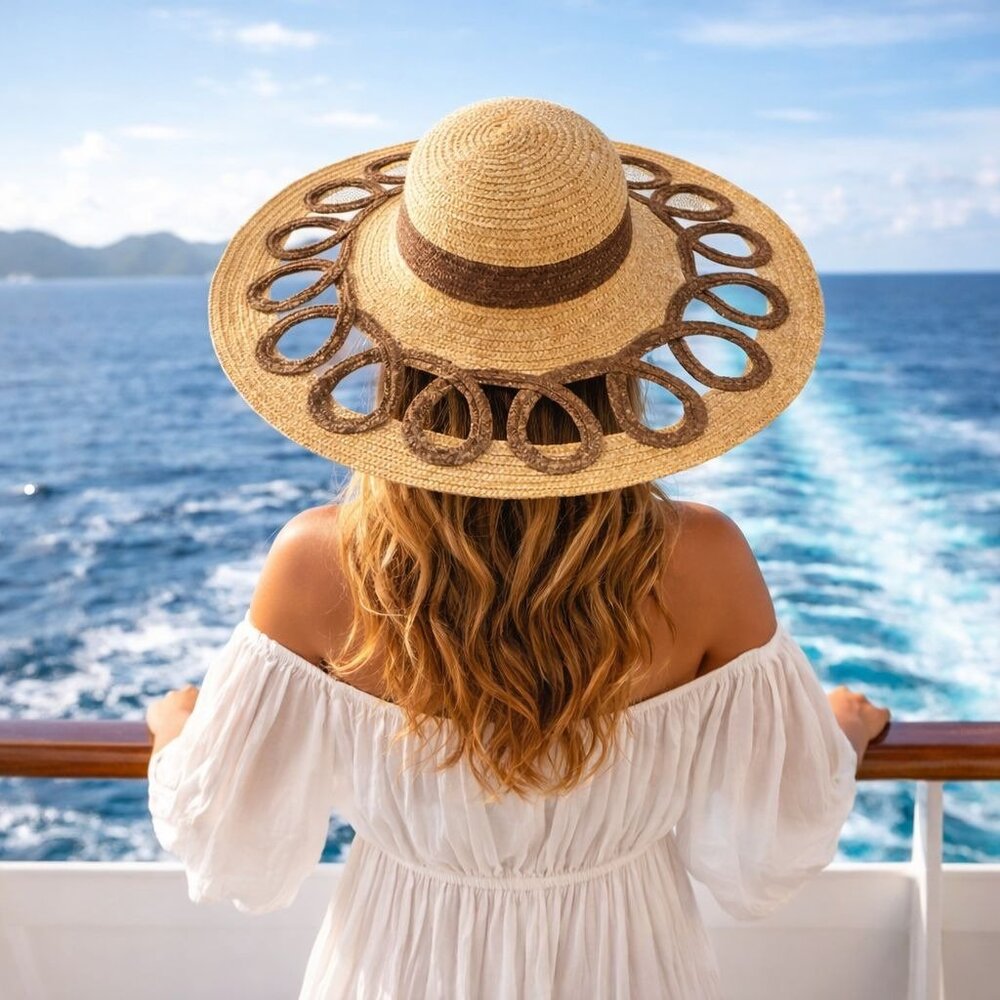 Wide Brim Straw Sun Hat Cutout Brim Resort Cruise Beach Coastal Baja Statement